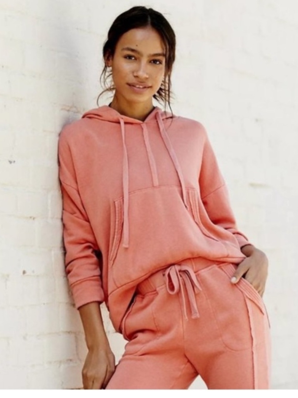 Free people movement coral pink orange drawstring hoodie women's S